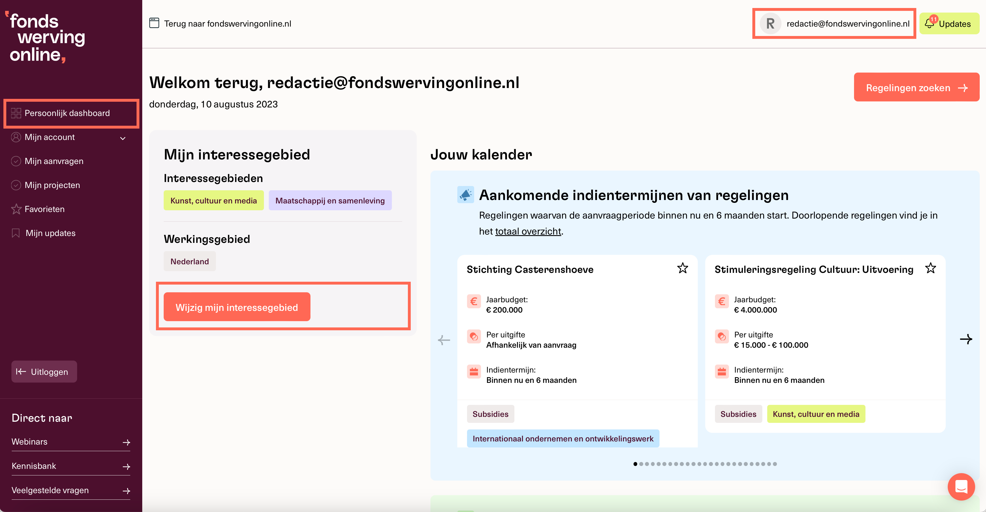 Mijn interessegebied activeren