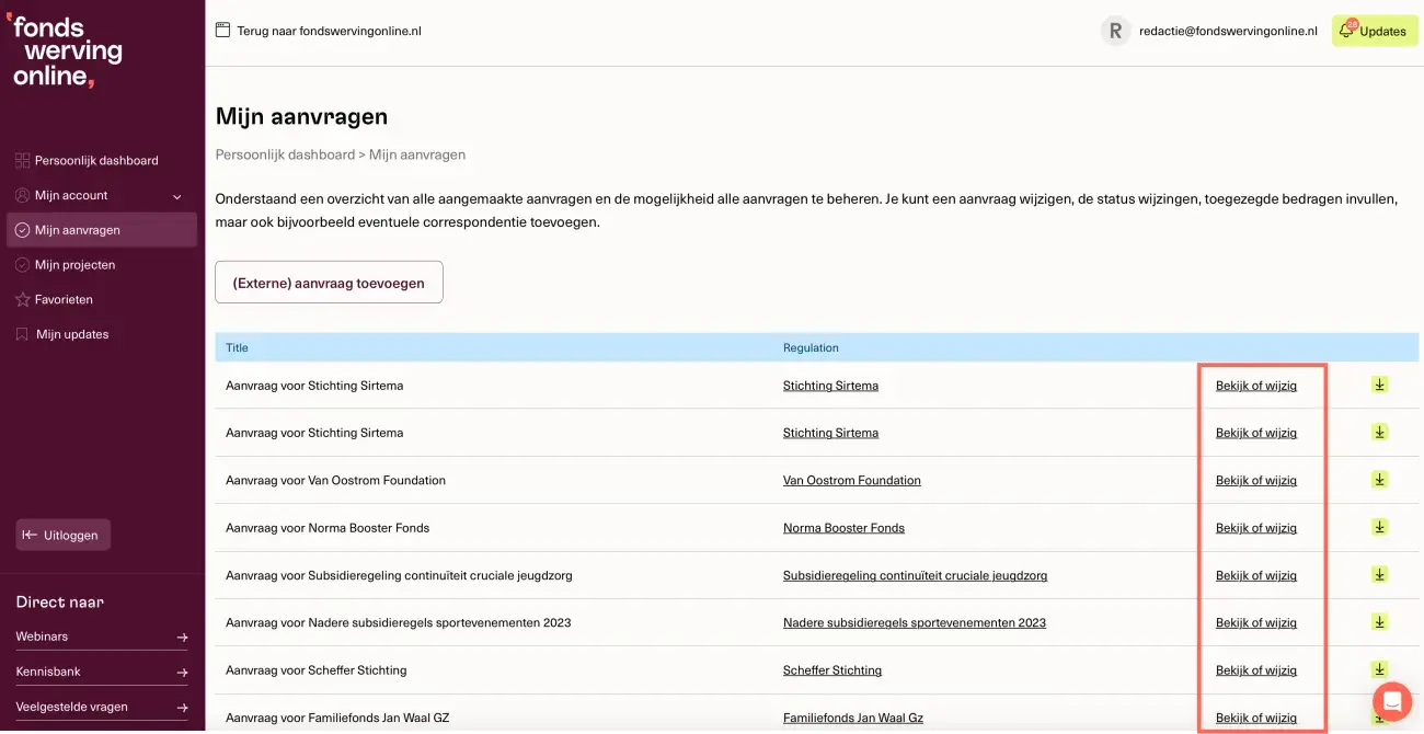 Een aanvraag bekijken of wijzigen