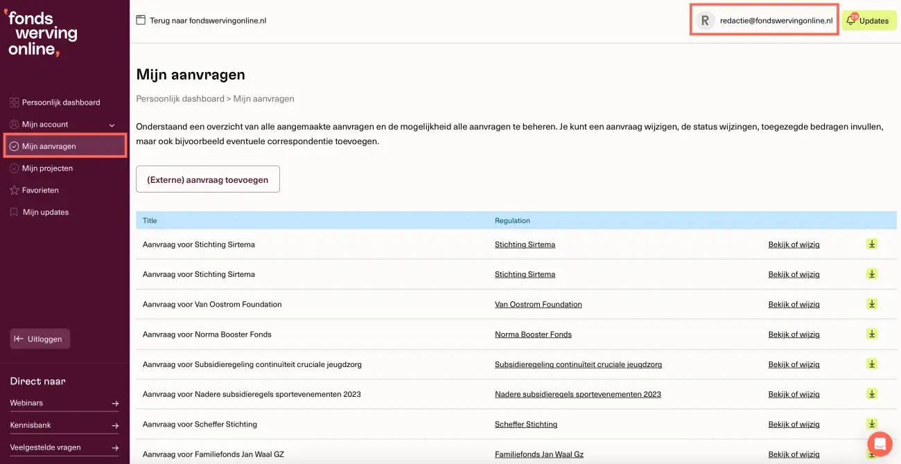 Toegang tot "Mijn Aanvragen"